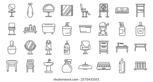 Beauty salon interior icons set. Line drawing representing beauty salon furniture, equipment, and products for professional hair and beauty treatments