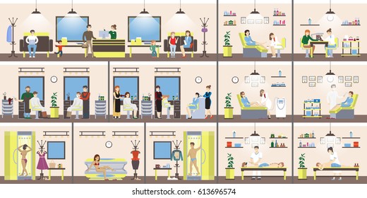 Beauty salon interior set. Spa and massage, barber and manicure and more.
