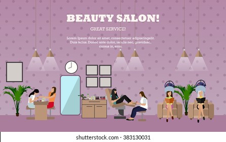 Beauty salon interior vector concept banners. Women in manicure and make up design studio. Illustration in flat cartoon style.