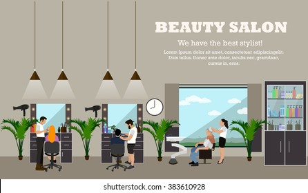 Beauty salon interior vector concept banners. Hair style design studio. Women in haircut atelier. Illustration in flat cartoon style.