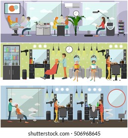 Beauty salon interior vector concept banners. Haircut, manicure and make up atelier. Women in spa and beauty studio illustration in flat cartoon style.