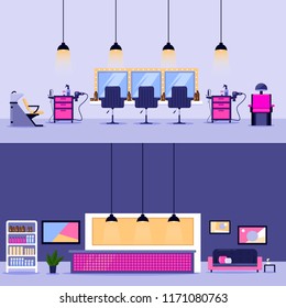 Beauty salon interior, vector flat illustration. Reception desk and barber workplace design elements