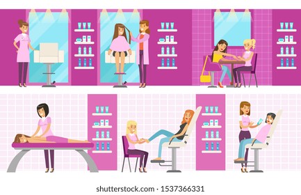 Beauty Salon Interior with Workers and Clients Set, People Having Defferent Treatment Procedures Vector Illustration
