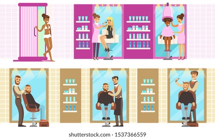 Beauty Salon Interior with Workers and Clients Set, Men and Women Having Defferent Treatment Procedures Vector Illustration