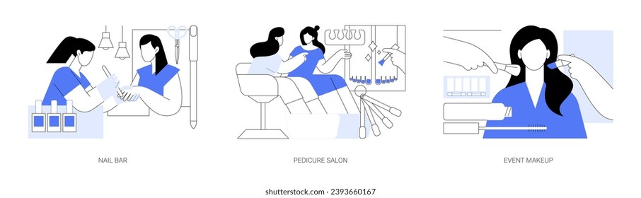 Beauty salon isolated cartoon vector illustrations set. Woman making manicure and pedicure, attending nail bar, toenail treatment, beauty procedures, evening makeup, glamour look vector cartoon.