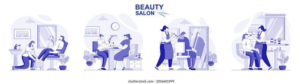 Salón de belleza aislado de diseño plano. La gente obtiene manicura, pedicura, maquillaje, peluquería de colección de escenas. Ilustración vectorial para blogs, sitio web, aplicación móvil, materiales promocionales.