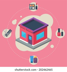 Beauty salon isometric building, flat icons, stylish background vector illustration