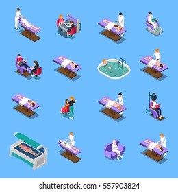 Beauty salon isometric set with manicure pedicure massage tanning and mud treatment stone therapy isolated vector illustration