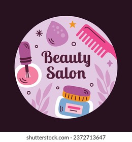 Beauty Salon Label. Schönheitssalon, Hintergrund. Kurbehandlung. Schönheit und Spa Salon Design. Vektorgrafik. Poster, Etikett, Aufkleber. Vorlage. Körperpflege. entspannen. Schönheitszentrum. Kurklinik.