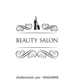 Beauty Salon Label. Mascara for Eyelashes. Eye Makeup. Badge. Filigree Swirls and Curls Decorations Vector Illustration. Isolated