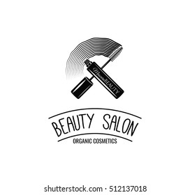 Beauty Salon Label. Mascara for Eyelashes. Eye Makeup. Badge. Filigree Swirls and Curls Decorations Vector Illustration. Isolated