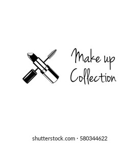Beauty Salon Label. Mascara for Eyelashes lipstick. Eye Makeup. Badge Vector Illustration. Isolated On White Background
