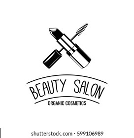 Beauty Salon Label. Mascara for Eyelashes lipstick. Eye Makeup. Badge Vector Illustration. Isolated On White Background