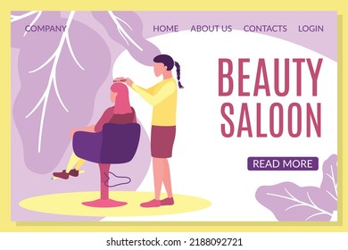Beauty salon landing page template. Cosmetology, haircutting and barber service concept flat vector illustration. Hairdresser making hairstyle in salon website interface.