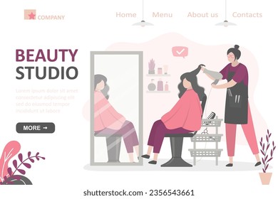 Beauty salon, landing page template. specialist hair stylist doing haircut for female character sitting in chair. Caucasian client getting hairdo. Hairdressing in special center. vector illustration