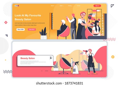 Beauty salon landing pages set. Hairdresser making hairstyle in hair salon corporate website. Flat vector illustration with people characters. Web concept use as header, footer or middle content.