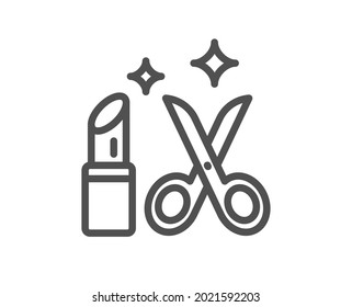 Beauty salon line icon. Haircut scissors and lipstick sign. Makeup service symbol. Quality design element. Linear style beauty icon. Editable stroke. Vector