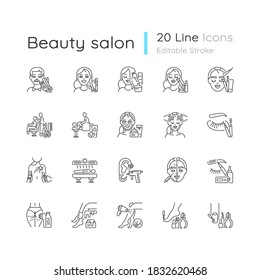 Beauty salon linear icons set. Anti cellulite program. Lash making. Face fitness. Hair styling. Customizable thin line contour symbols. Isolated vector outline illustrations. Editable stroke