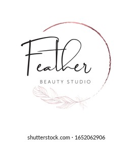 Beauty Salon Logo, Brush Stroke with Feather, Rose Golden Logo