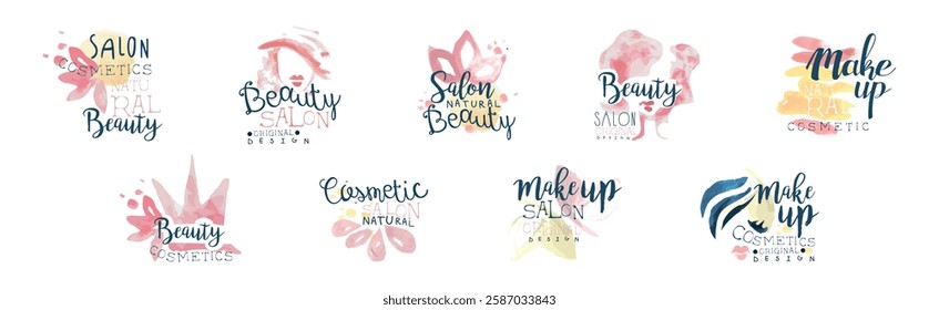 Beauty Salon Logo Design with Hand Drawn Watercolor Element Vector Set