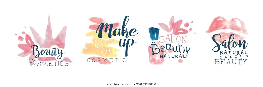 Beauty Salon Logo Design with Hand Drawn Watercolor Element Vector Set