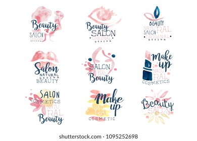 Beauty salon logo design, set of colorful hand drawn watercolor Illustrations