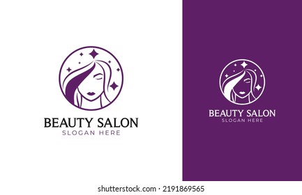 Beauty salon logo design. Women hair with sparkle icon. Symbol for beauty care or spa