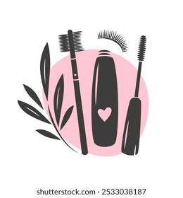 Beauty salon logo. Eyelash extension, brows and makeup. Mascara brush, eyelashes. Vector illustration