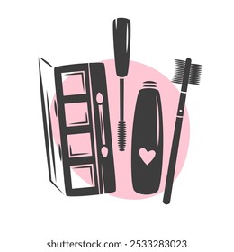 Beauty salon logo. Eyelash extension, brows and makeup. Mascara brush, eyelashes. Vector illustration