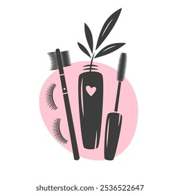 Beauty salon logo. Eyelash extension, brows and makeup. Mascara brush, eyelashes. Vector illustration