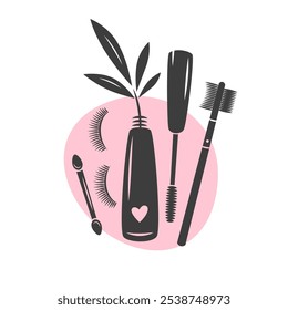 Beauty salon logo. Eyelash extension, brows and makeup. Mascara brush, eyelashes. Vector illustration