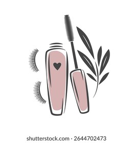 Beauty salon logo. Eyelash extension, brows and makeup. Mascara brush, eyelashes. Vector illustration 