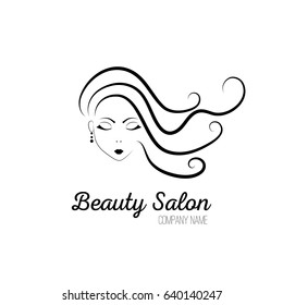 Beauty salon logo with face. Vector illustration of woman silhouette with wavy hair in minimalistic sketch style.