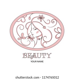 Beauty salon logo. Floral profile of young beautiful woman. Beautiful woman head abstract logo template cosmetics spa hair logo concept icon