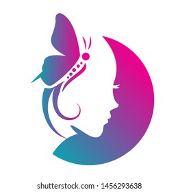 Beauty salon logo with girl face and butterfly on white background cartoon vector illustration