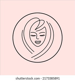 Beauty Salon Logo. Girl Inconca Thin Lines. Face Woman Illustration Isolate. Cosmetology, Cosmetics. Eyelashes, Lips. Barbershop - Circle Vector Logo