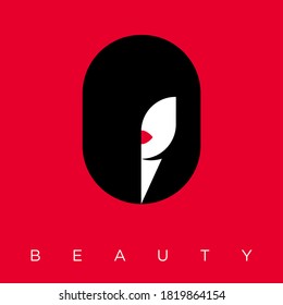 Beauty Salon logo. Glamour girl face with modern hair dress and red lips. Cosmetic emblem. Hair care. Health of skin and hair.