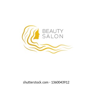 Beauty salon logo with a gold woman silhouette illustration. Beautiful girl with long hair isolated on white background. Suitable as logotype, branding for hairdresser  and makeup business company