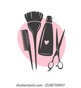 Logo des Schönheitssalons. Friseurutensilien. Schere, Pinsel, Shampoo, Kamm. Vektorgrafik für Banner, Cover, Marketing.