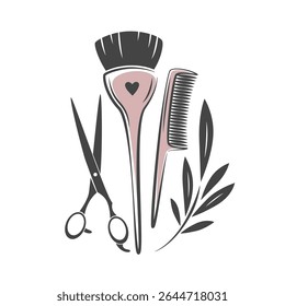 Logo do salão de beleza. Ferramentas de cabeleireiro. Tesoura, escova, pente. Ilustração vetorial para banner, capa, marketing.