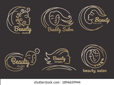 Beauty salon logo. Hairdressing symbols stylized female face modern recent vector business logo