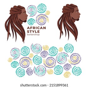 Beauty salon logo and identity. Flat vector illustration of men face. Traditional curly hairstyles of African American men. 