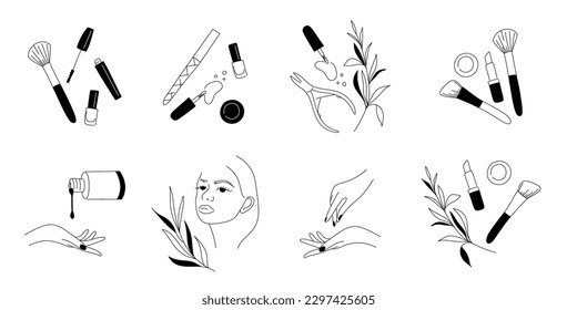 Beauty salon logo. Nail, makeup or hairdressing studio, eyelash extension logotype. Different equipment, line hand and woman face, black silhouette. Various cosmetics. Vector emblem set