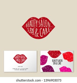 Beauty  salon logo. Red lip and hand-draw letters. Business card. Multicolor lips. Business card.