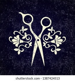 Beauty salon logo. Scissors icon. Vector illustration with scissors on texture background. Scissors logotype chalk design on black grunge pattern.