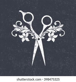 Beauty salon logo. Scissors icon. Vector illustration with scissors on texture background. Scissors chalk design on black grunge pattern.