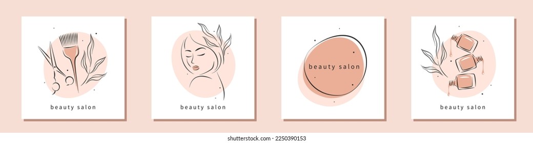 Beauty salon logo set. Beautiful woman face, nail polish, scissors and hair brush. Manicure, makeup, hairdressing. Vector illustrations