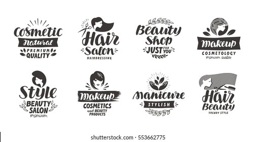 Beauty salon logo, set of icons. Beautiful labels such as cosmetic, makeup, manicure, style. Vector illustration