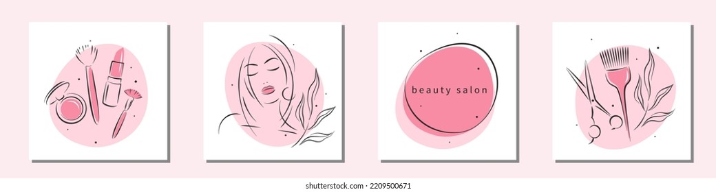 Beauty salon logo set. Makeup and hairdressing. Beautiful woman face, lipstick, blusher, cosmetic brush, scissors and hair brush. Vector illustrations