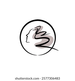 beauty salon logo. stylish silhouette of a woman's face with lush curly hair in a circle. haircut and hair coloring concept